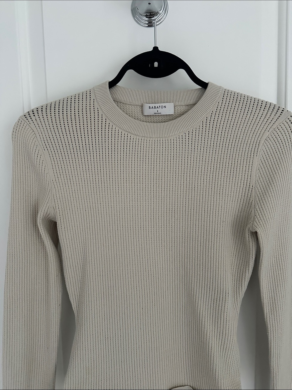 Babaton Neutral Cream Ribbed Crew Sweater